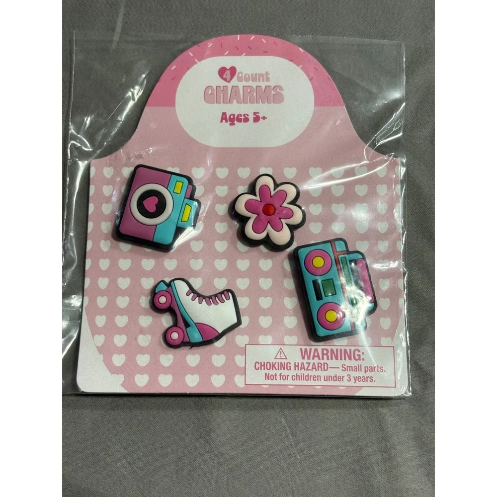 Retro Shoe Charms 4 Pack Camera Roller Skate Boombox Flower Kids Accessories